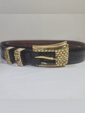 Alexander’s Sterling Silver Gold Plated Black Alligator Belt & Buckle USA Sz 34